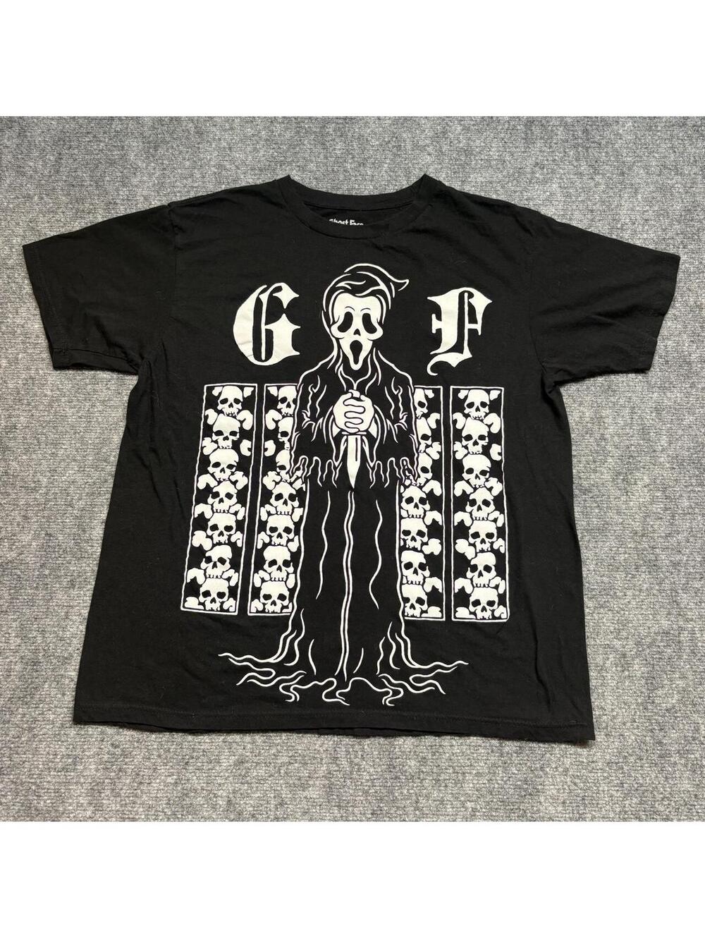 Ghost Face Cotton T-Shirt with White Graphic of a Ghostly Figure with Skulls